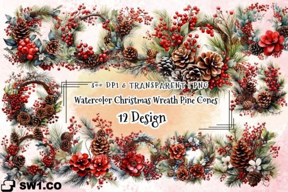 Watercolor Christmas Wreath Pine Cone Graphics for Illustrations